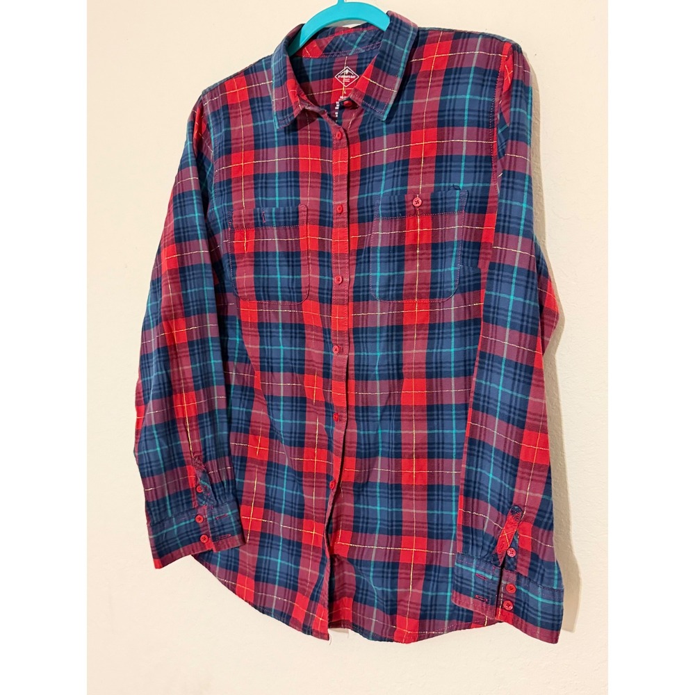 St Johns Bay Womens Red Blue Plaid Metallic Flannel Shirt Large Long Sleeve